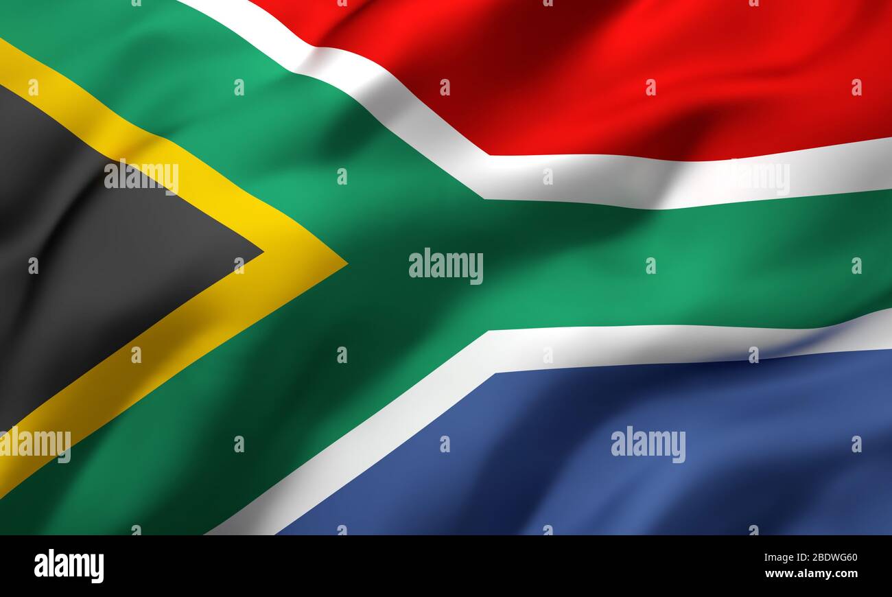 Flag of South Africa blowing in the wind. Full page South African flying flag. 3D illustration. Stock Photo