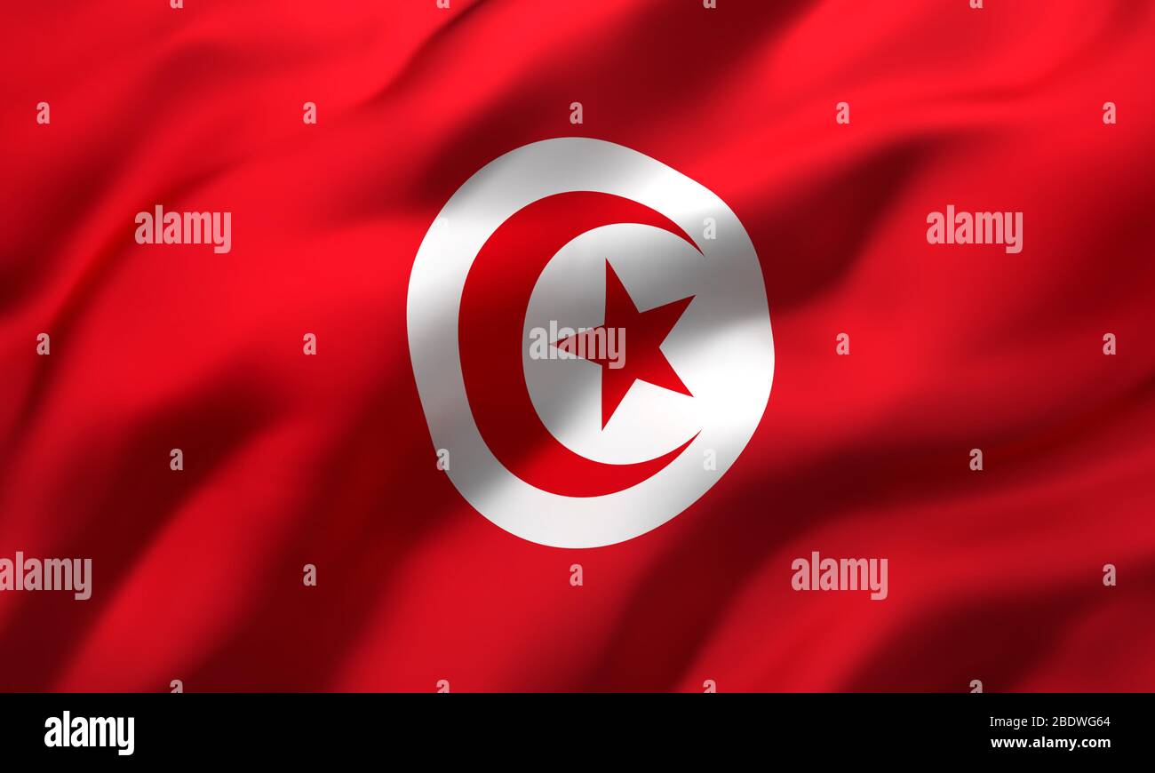 Flag of Tunisia blowing in the wind. Full page Tunisian flying flag. 3D illustration. Stock Photo