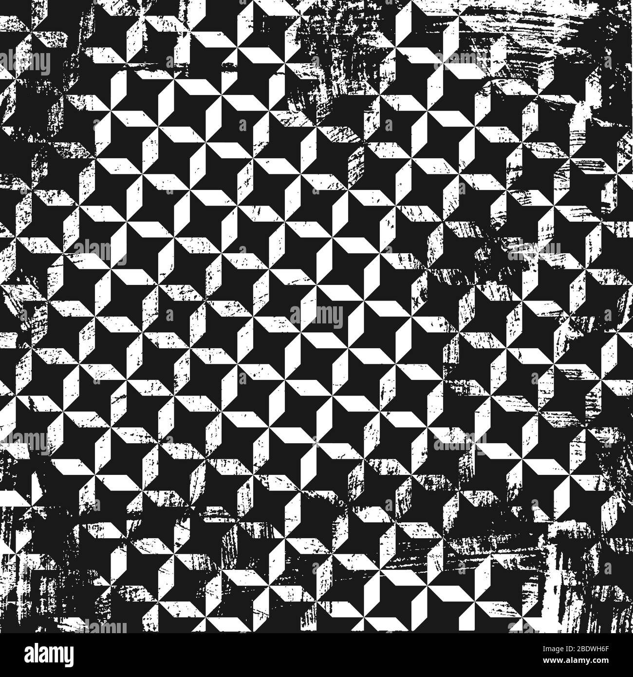 Grunge abstract geometric pattern with stars. Square black and white