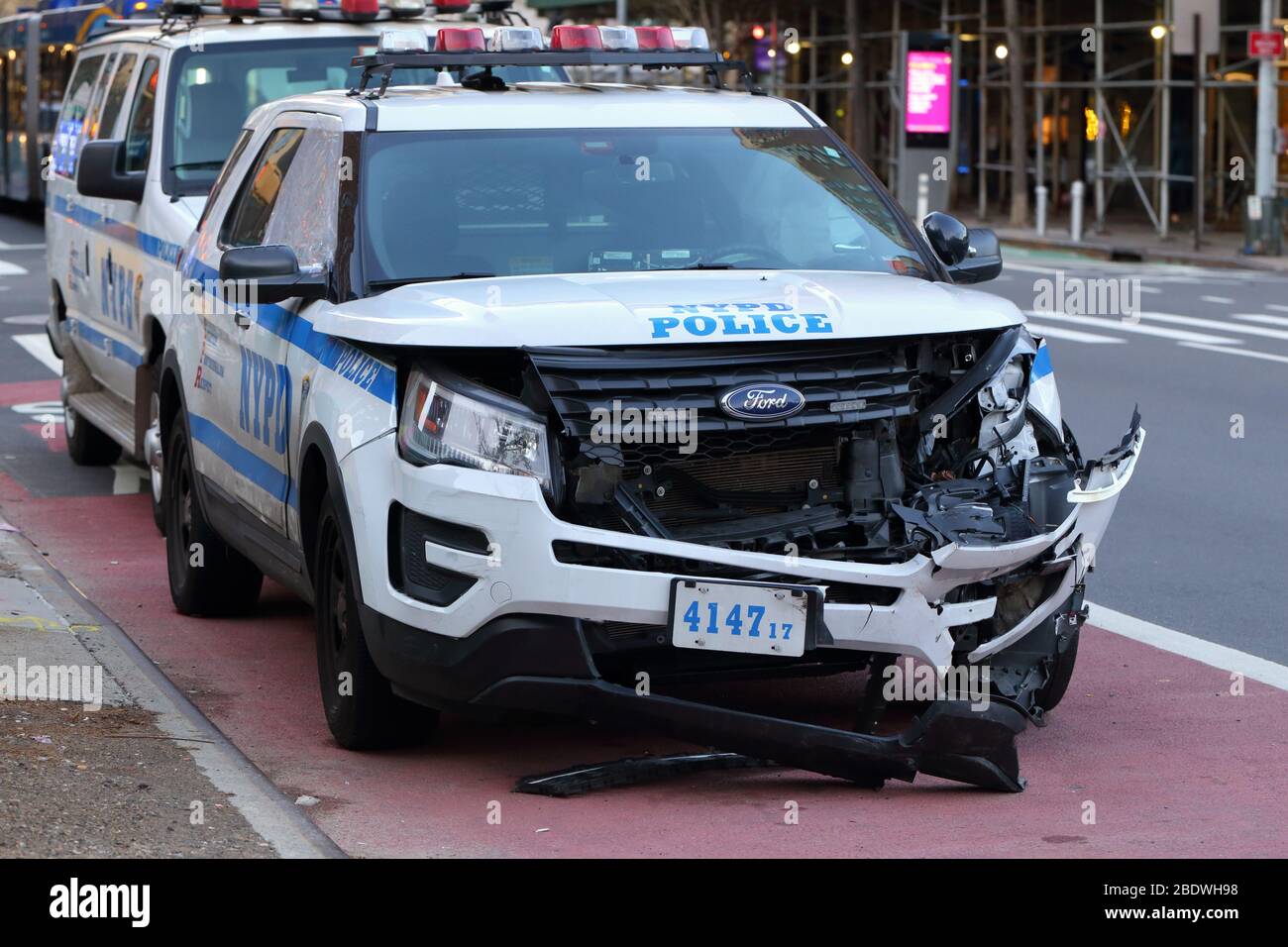 A New York City NYPD police car with front-end damage. Stock Photo