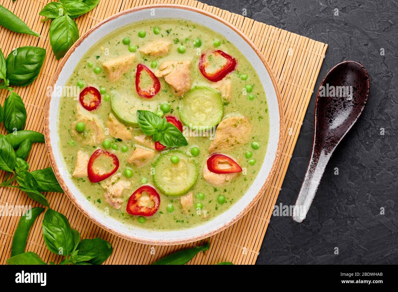 Thai Green Curry with Chicken or Gaeng Kaew Wan Gai in white bowl at ...