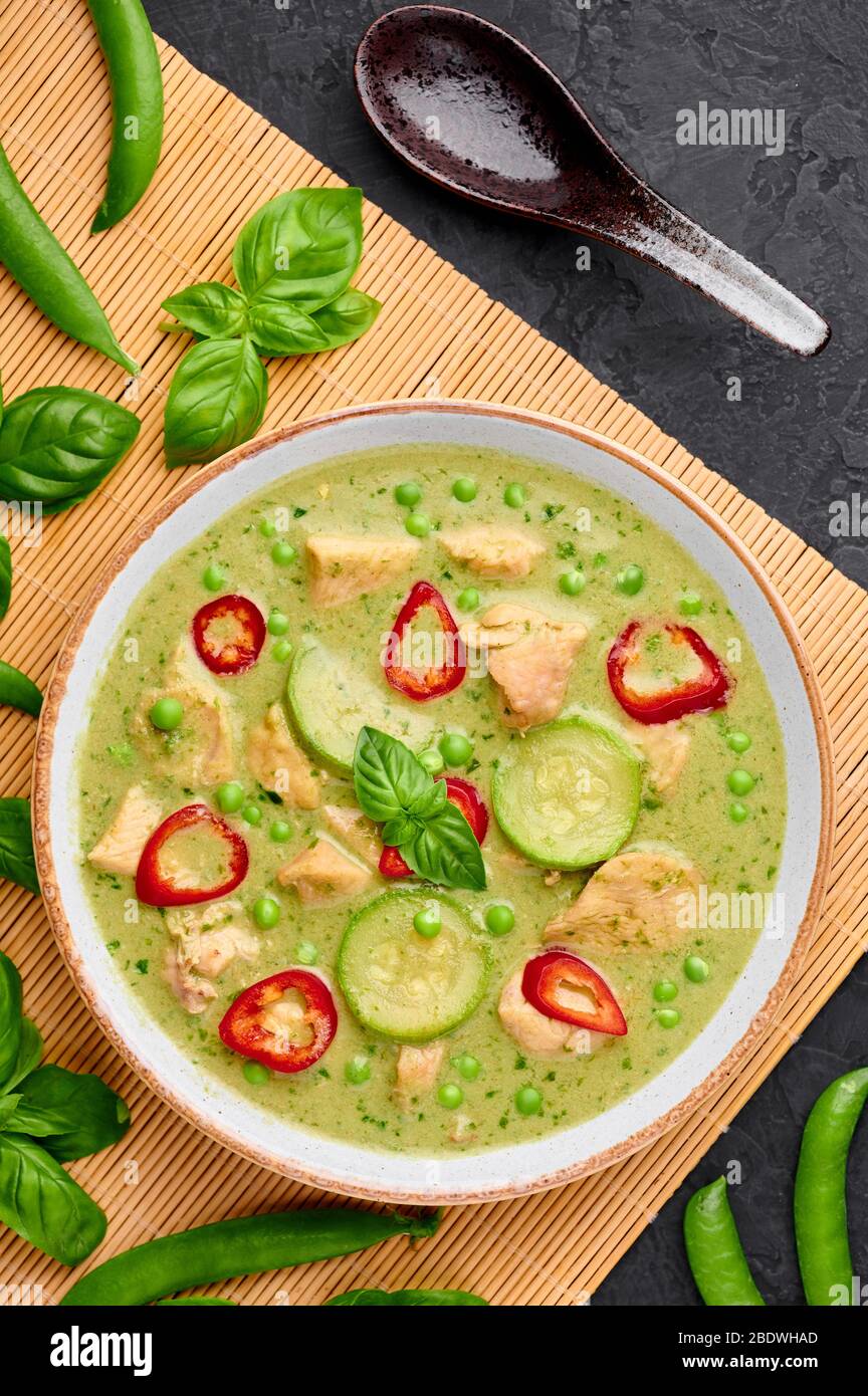Thai Green Curry with Chicken or Gaeng Kaew Wan Gai in white bowl at ...