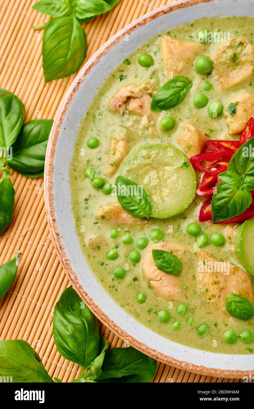 Thai Green Curry with Chicken or Gaeng Kaew Wan Gai in white bowl. Thai ...