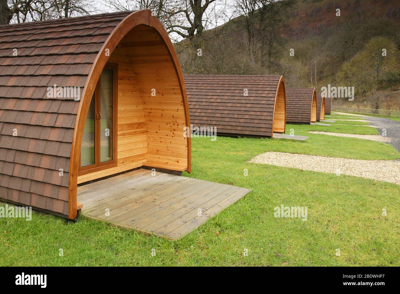 Camping pods in an empty rural camp site in North Wales UK Stock Photo