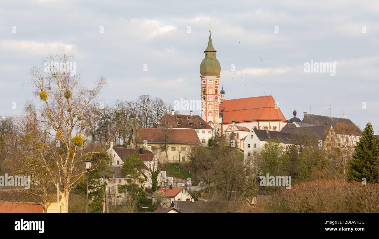 Panorama with church &  buildings of the benedictine Kloster Andechs (Andechs Abbey). Located on the so-called holy mountain (Heiliger Berg). Stock Photo