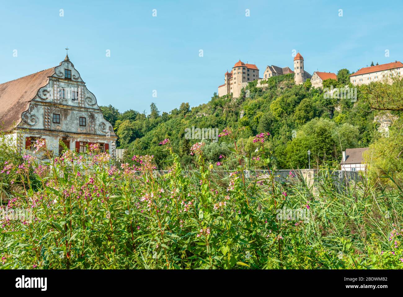 View of Harburg Castle in summer seen from the Wörnitz valley, Swabia, Bavaria, Germany | Aussicht auf Burg Harburg im Sommer vom Tal der Wörnitz gese Stock Photo