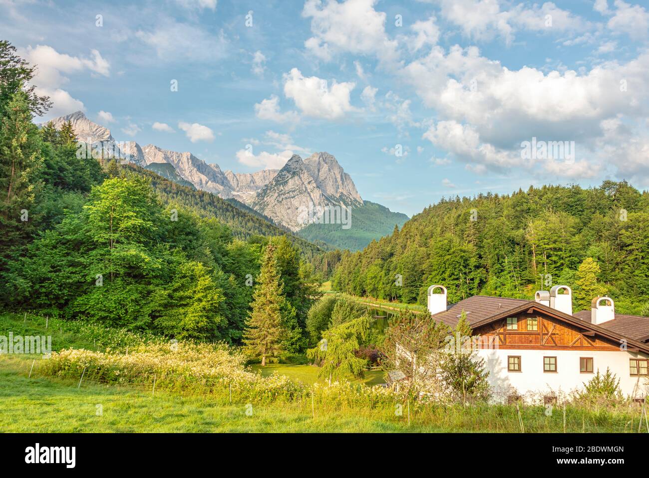 Landscape at the Riessersee with the Wettersteingebirge in the background, Garmisch Partenkirchen, Bavaria, Germany Stock Photo