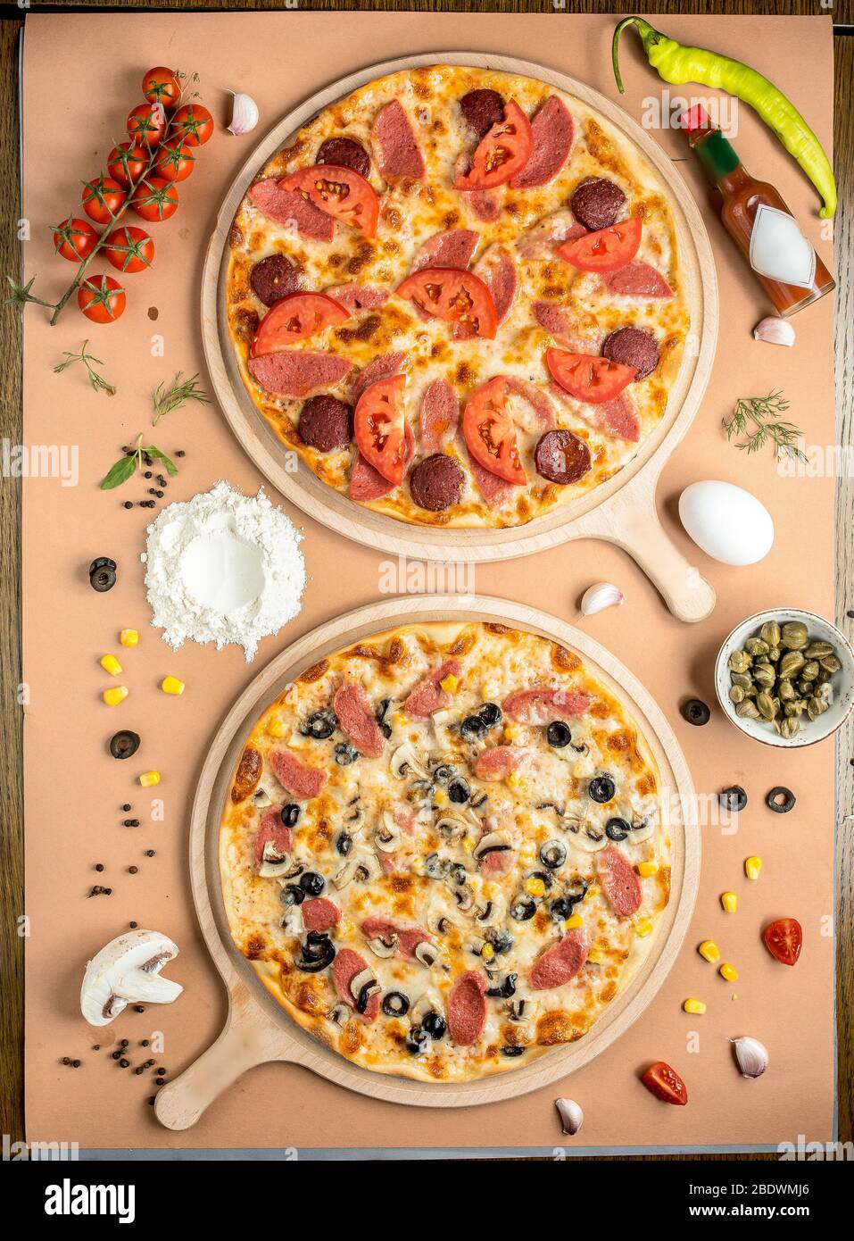 Two Pizzas On The Table Top View Stock Photo Alamy