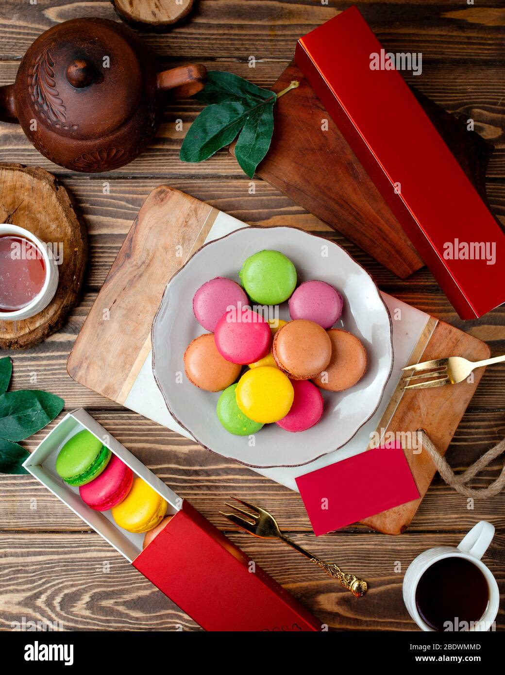 various macarones on the table top view Stock Photo
