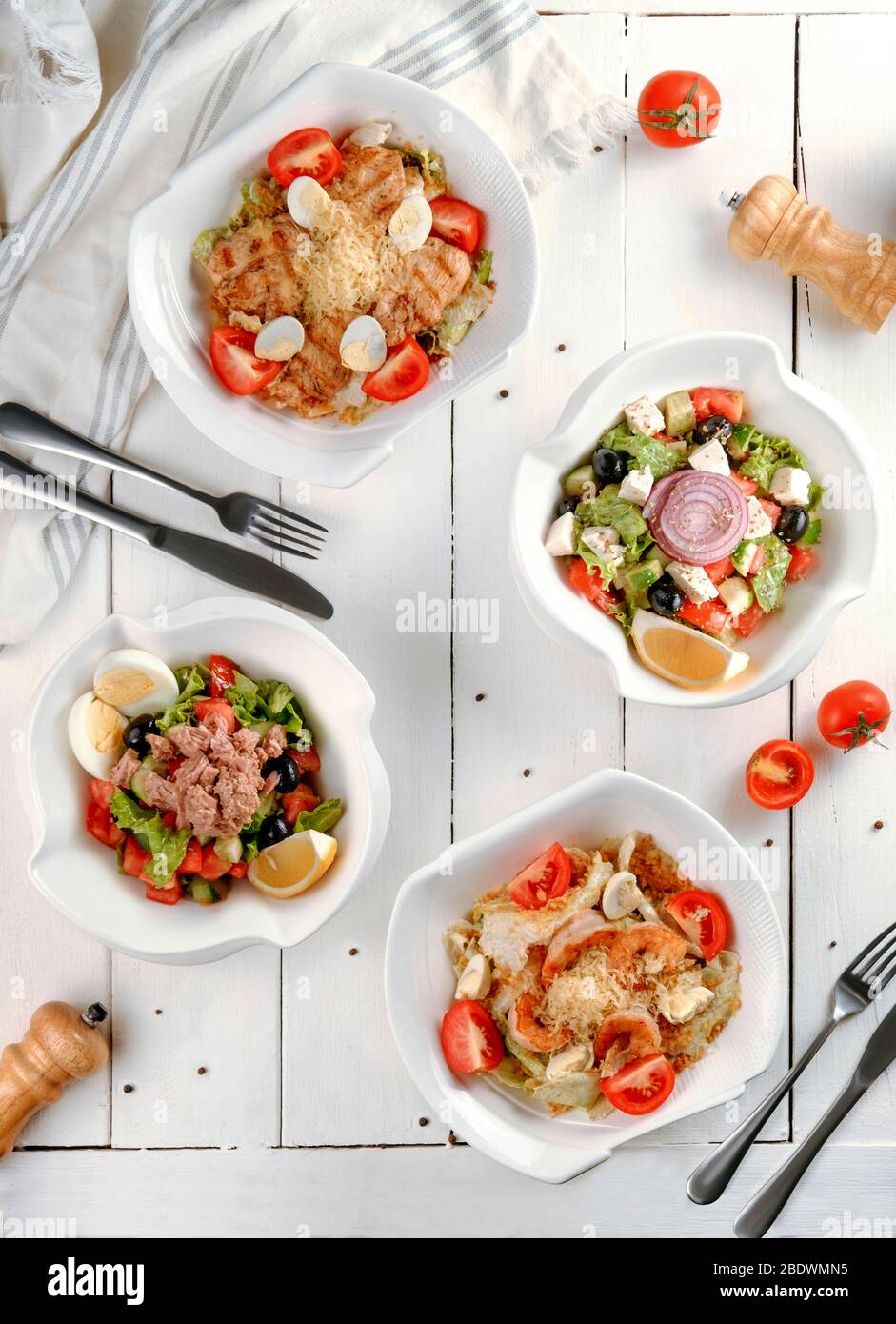 various salads on the table top view Stock Photo