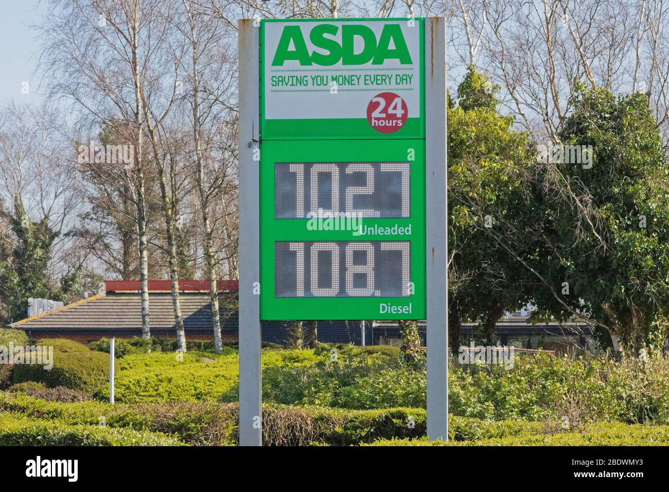 Pictured: The price display t the Asda petrol station, with fuel being sold cheaper than a few weeks ago, Swansea, Wales, UK. Wednesday 25 March 2020 Stock Photo