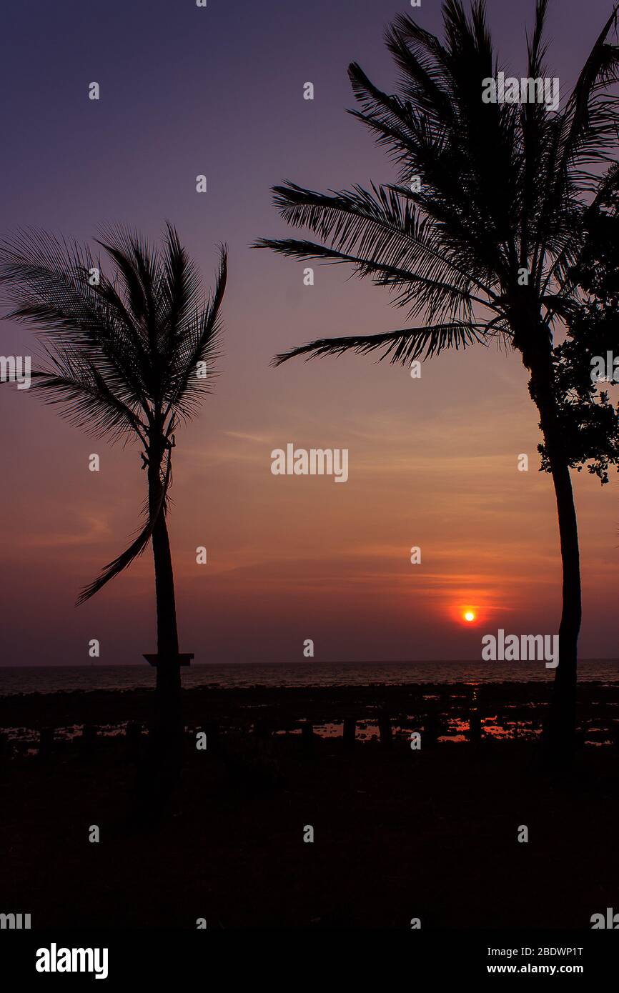 Amazing beautiful wide orange colorful sunset in Thailand Ko Lanta Island Stock Photo