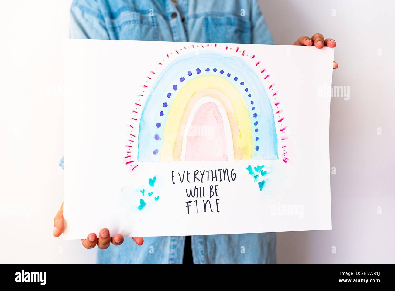 New york, usa - 8 april 2020: 'everything will be fine' message of hope in the time of coronavirus pandemic, a colorful hopeful drawing made by young Stock Photo