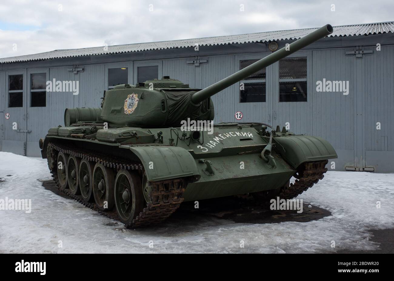 March 23, 2019 Moscow region, Russia. Soviet medium tank of the world war II period T-34-85 in the Central Museum of armored weapons and equipment in Stock Photo