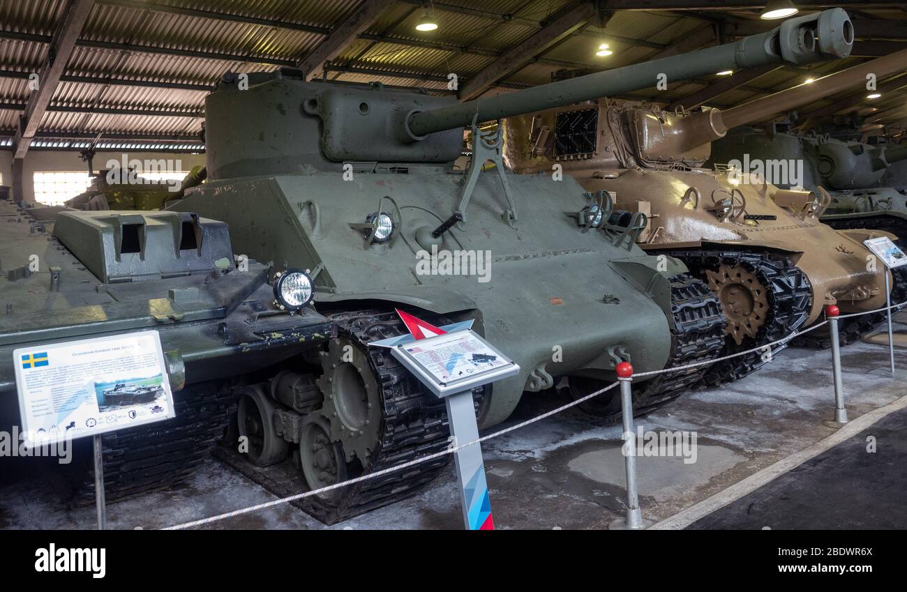 March 23, 2019 Moscow region, Russia. The main American medium tank of the world war II period M4 Sherman in the Central Museum of armored weapons and Stock Photo