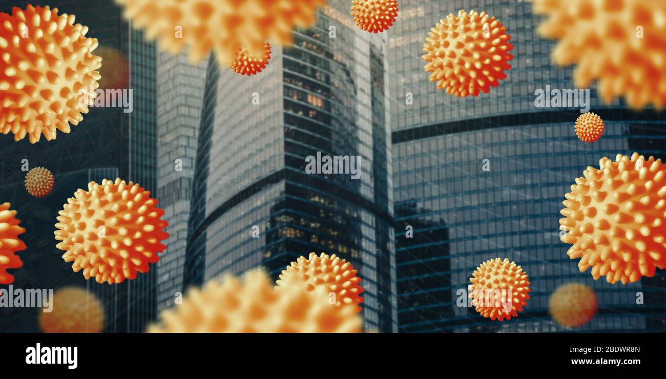 Distribution model of dangerous coronavirus in city. Abstract background with space for text. Pandemic COVID-19. Stock Photo