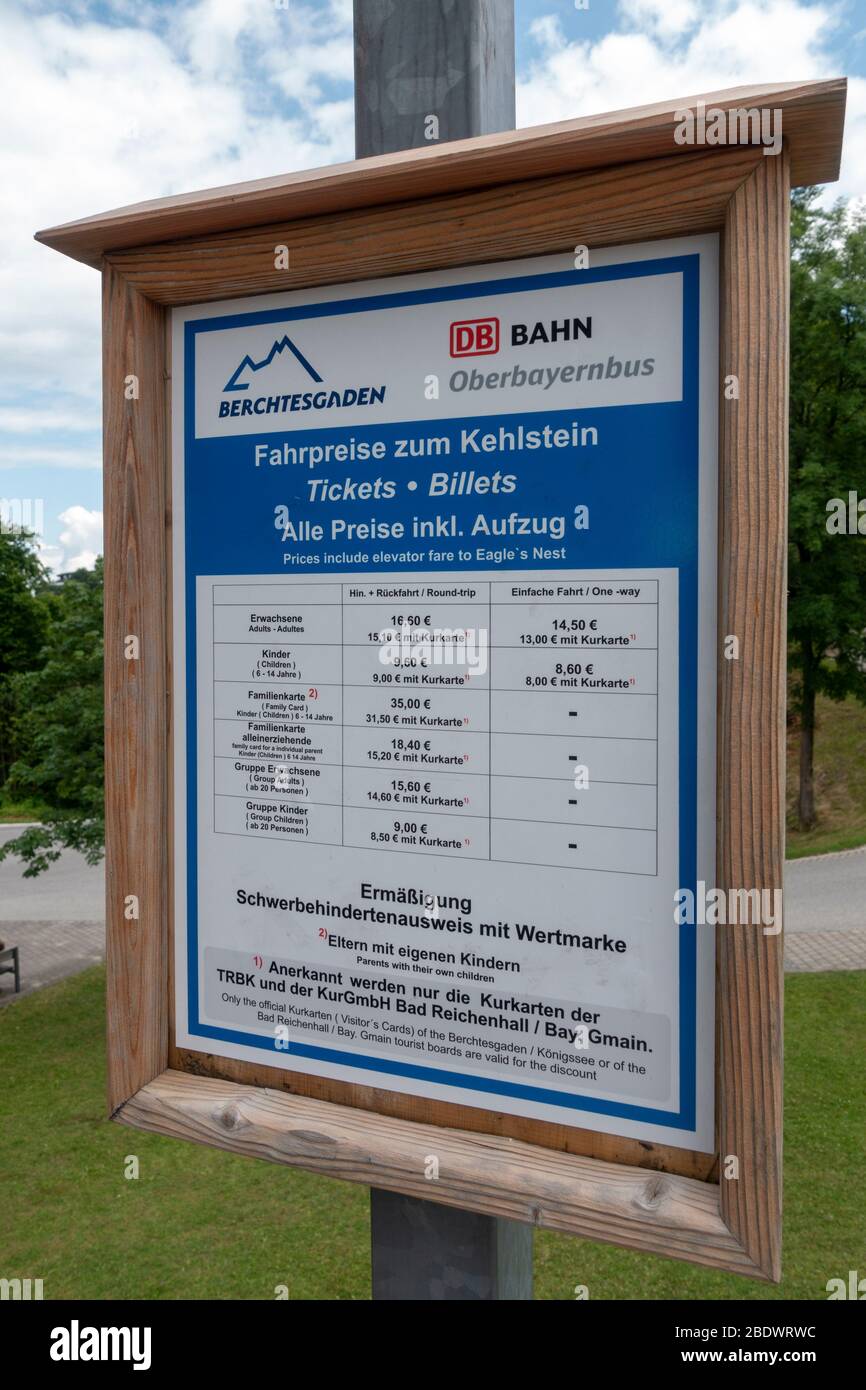 Price list (2019) for visitors to the Eagles Nest in Obersalzberg, Bavarian Alps near Berchtesgaden, Bavaria, Germany. Stock Photo