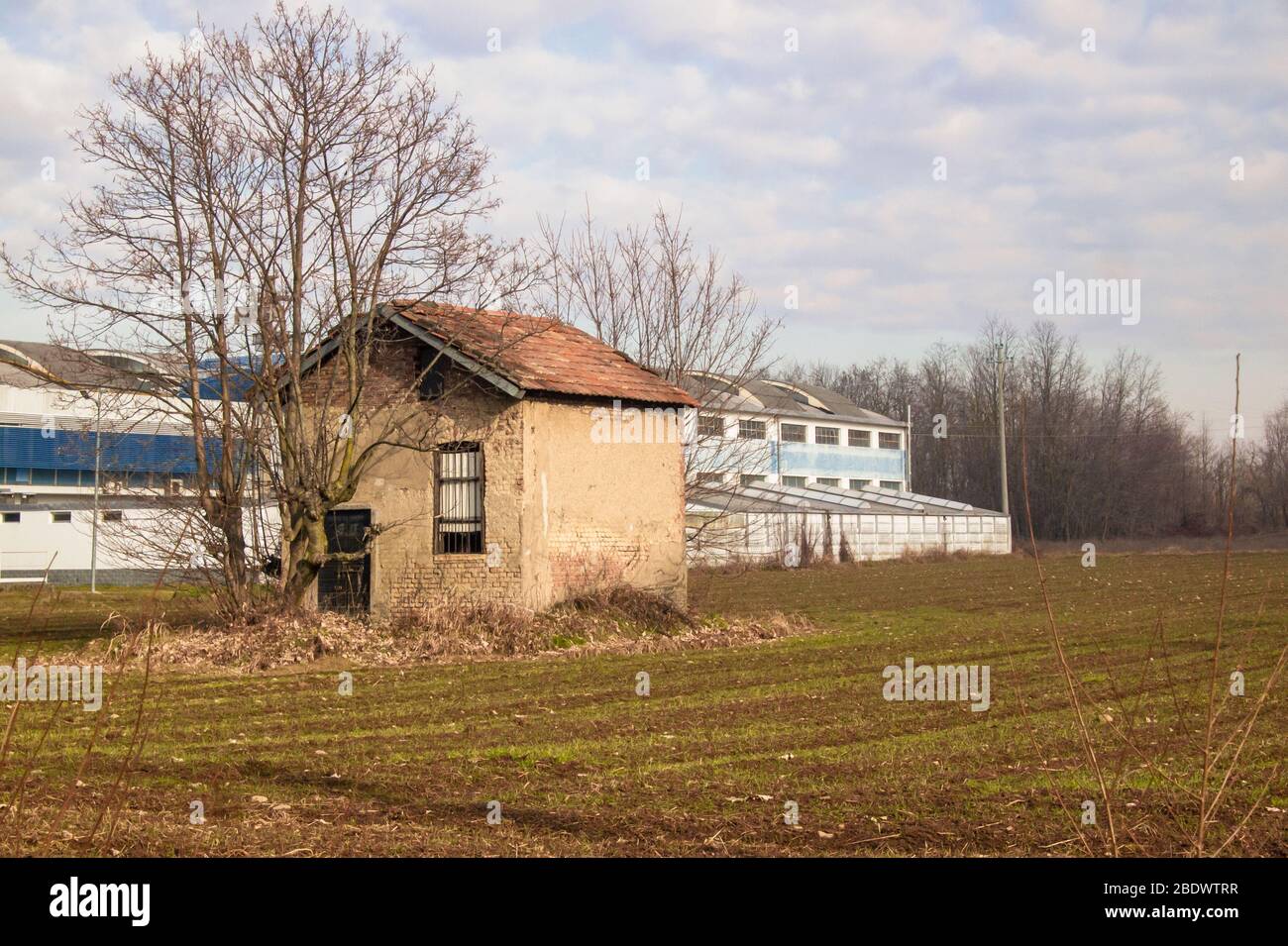 shed of a large factory on the edge of an agricultural field with an old peasant house Stock Photo
