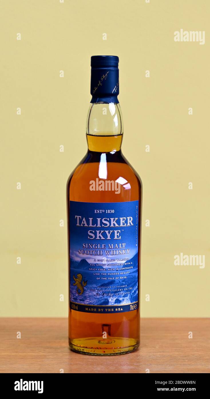 Bottle of Talisker Skye single malt Scotch whisky. Stock Photo