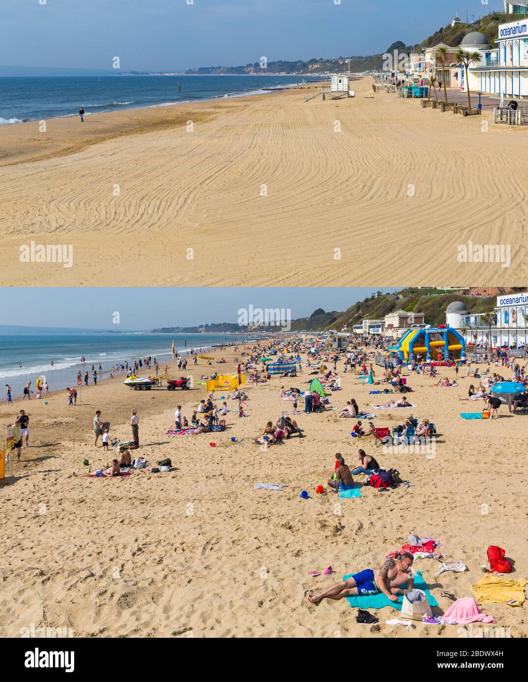 Bournemouth, Dorset, UK. 10th Apr 2020. UK weather: composite image showing difference between Easter Good Friday 2019 (bottom) with packed beaches on a hot and sunny day as visitors flocked to the seaside on 19th April 2019 and Easter Good Friday 2020 (top) with empty beaches because of Coronavirus restrictions on lockdown with people only permitted to take their daily exercise. comparing contrasting contrast comparison. Credit: Carolyn Jenkins/Alamy Live News Stock Photo