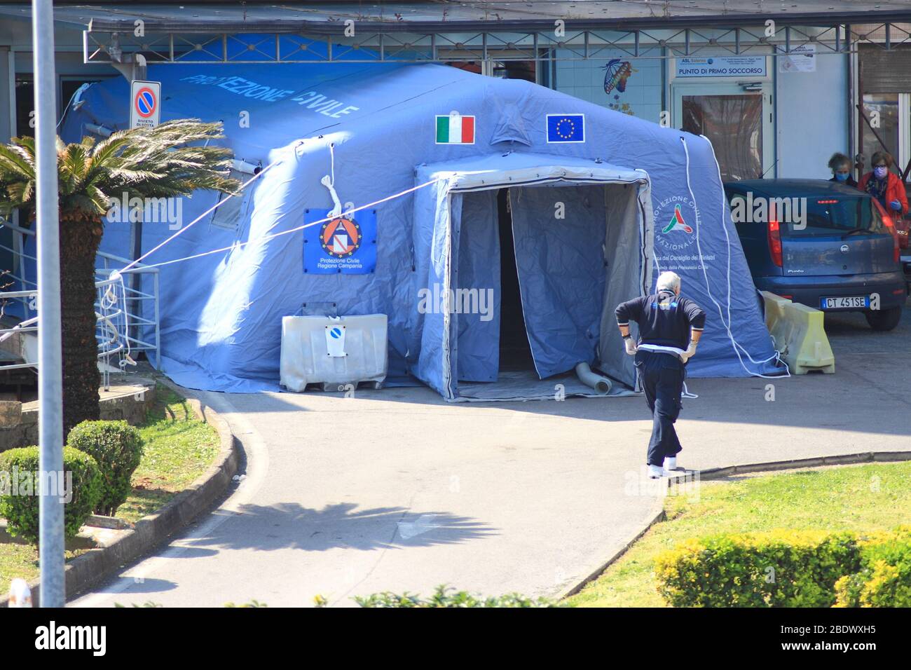 A Civil Protection tent used as pre-triage for suspected patients from Covid-19 located outside the Emergency Department of the Tortora Civil Hospital Stock Photo