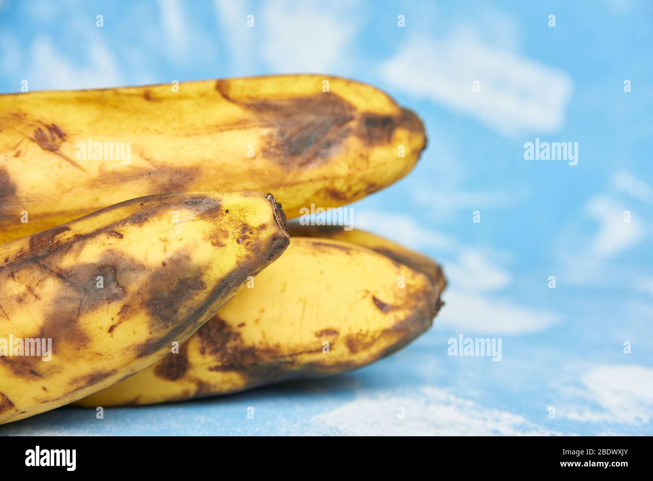 rotten part bananas on a blue background. closeup Stock Photo