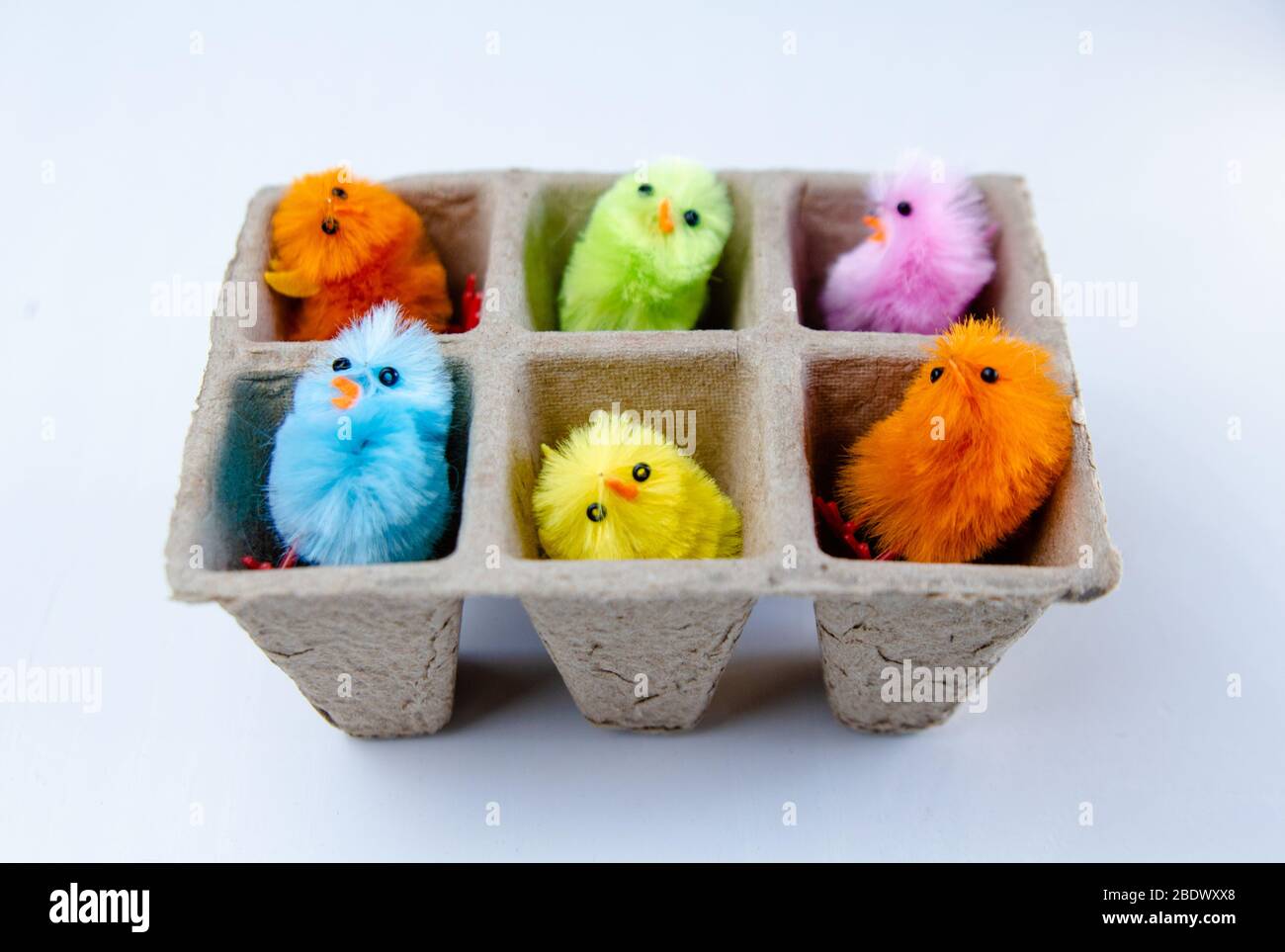 Cute colorful Easter chicks in paper container. Easter decoration. Stock Photo