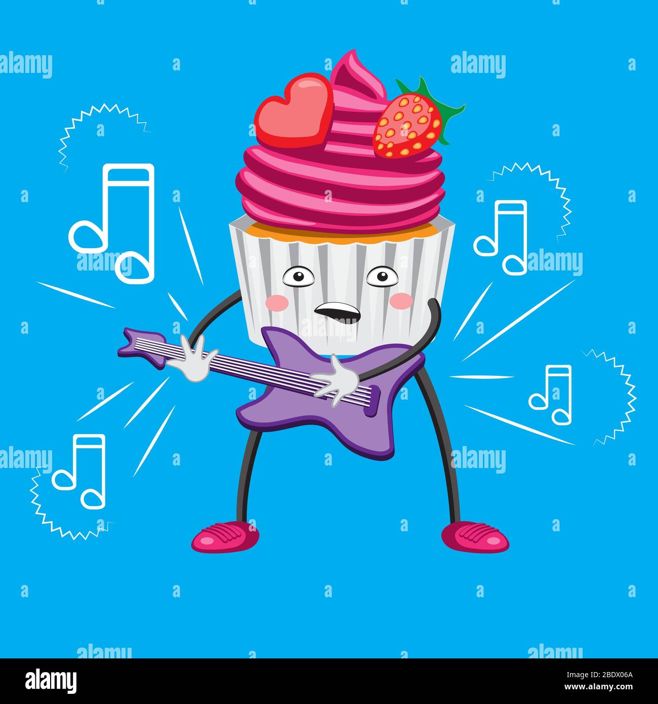 Character cake cartoon with guitar strawberry heart notes on an isolated background. Vector image Stock Vector
