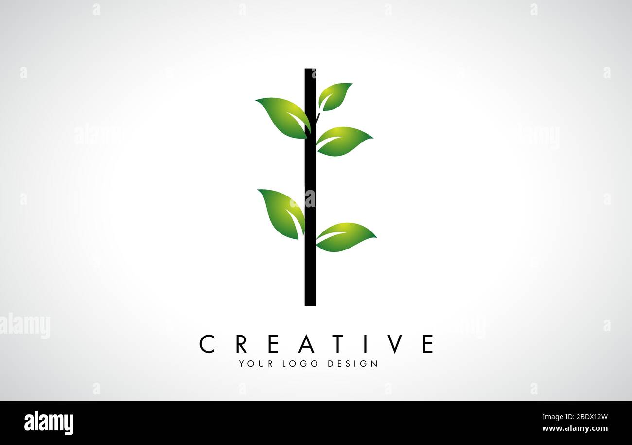 Leaf Letter I Logo Design with Green Leaves on a Branch. Letter I with ...