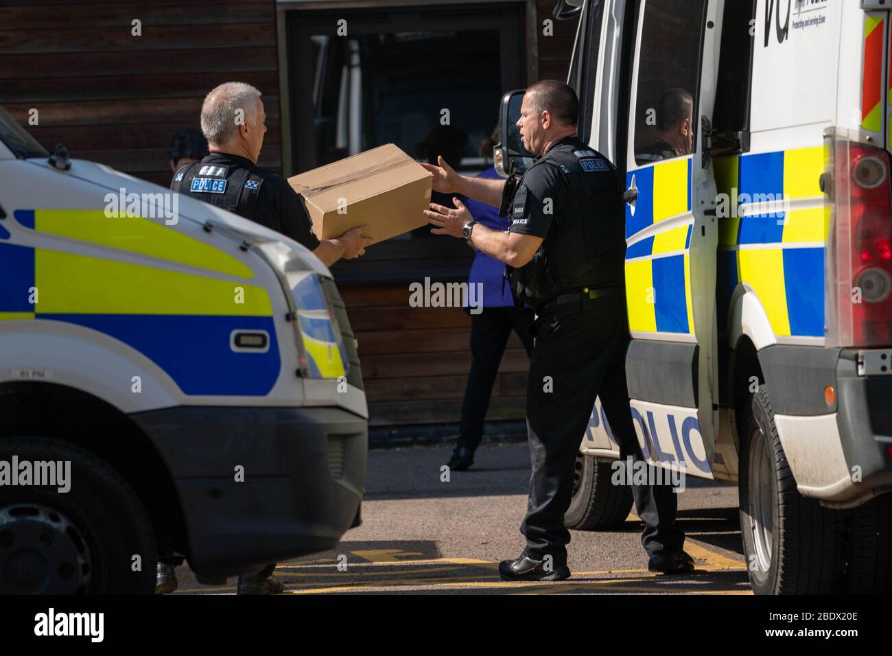Brentwood Essex, UK. 10th Apr, 2020. NHS Personal Protective Equipment (PPE) for covid-19 arrives at a distribution hub at Brentwood Community Hospital. Essex Police, the Army and NHS assist in the distribution of PPE throughout the area. Credit: Ian Davidson/Alamy Live News Stock Photo