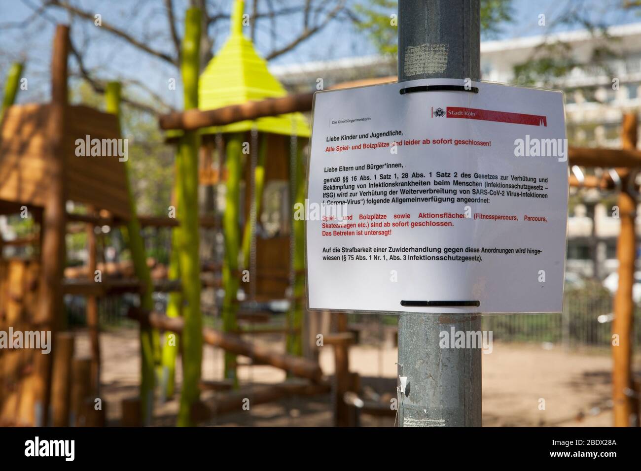 Coronavirus / Covid 19 outbreak, April 8th. 2020. Closed children's playground at the street Theodor-Heuss-Ring, Cologne, Germany Coronavirus / Covid Stock Photo