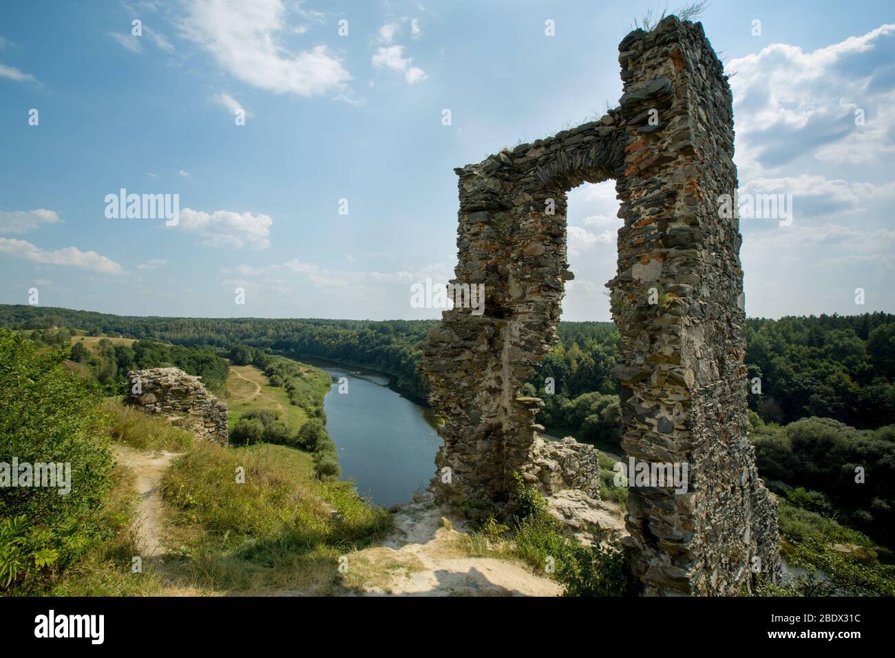 Ruins of Gubkiv (Hubkiv) castle on a Sluch river hills in summer near Gubkiv village, Rivne region, Ukraine. Travel destinations in Ukraine Stock Photo