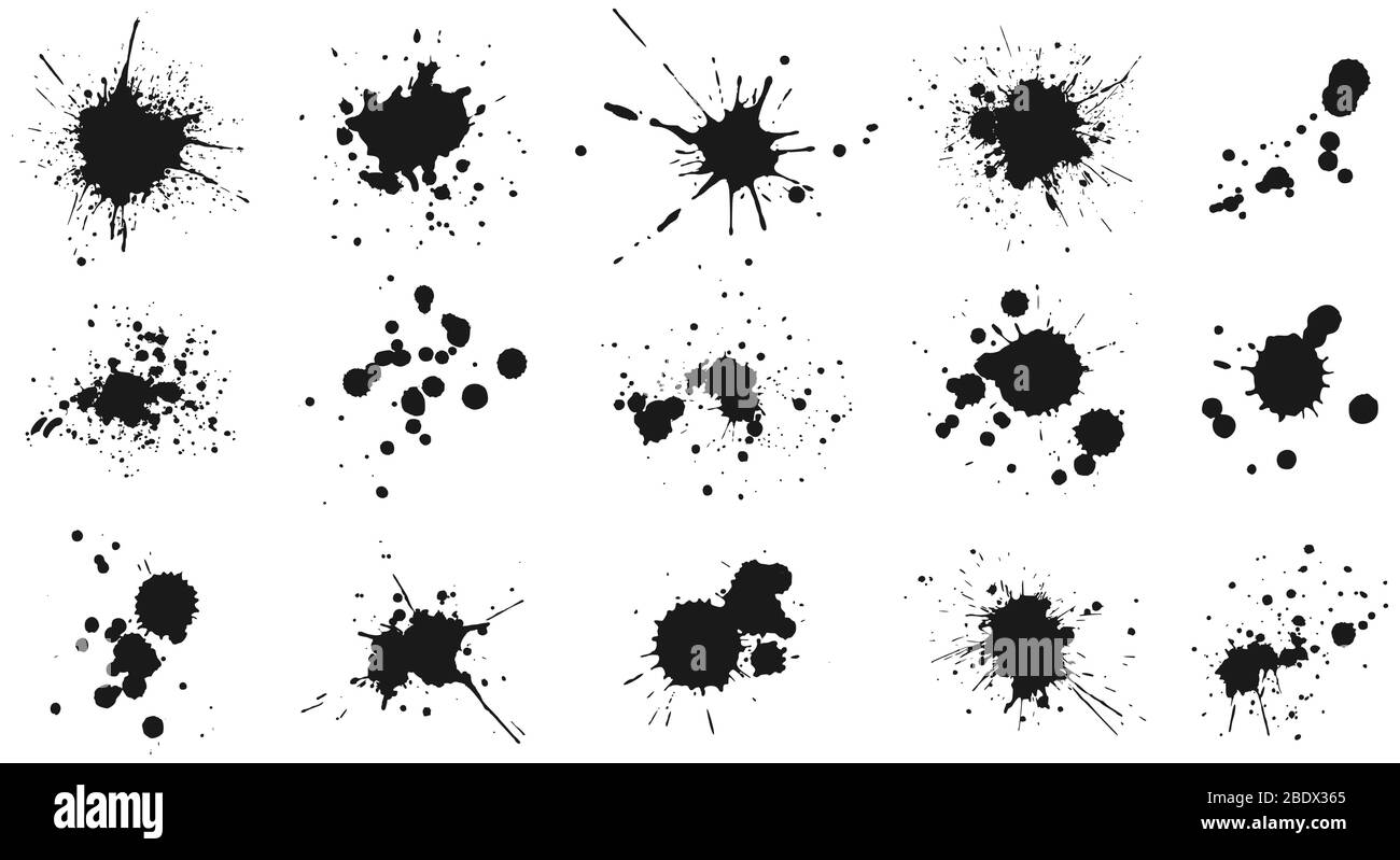 Ink drops and splashes. Blotter spots, liquid paint drip drop splash