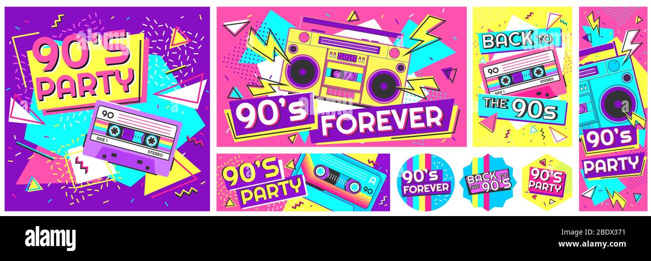 Retro 90s music party poster. Back to the 90s, nineties forever banner and retro funky pop radio badge vector illustration set Stock Vector