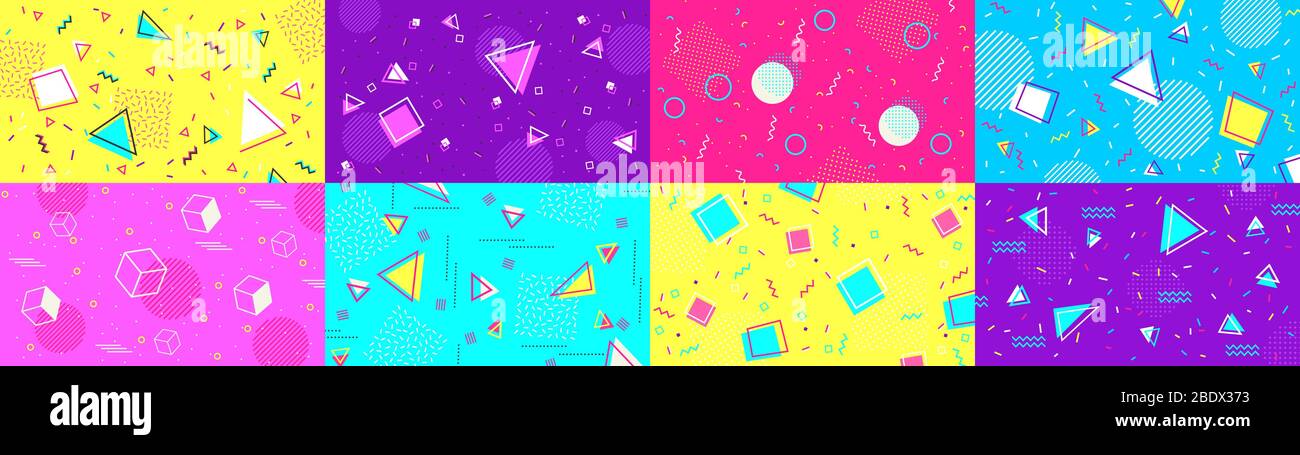 Funky 90s memphis background. Abstract hipster shapes and funky geometric patterns, 1980s pop backdrop vector illustration set Stock Vector