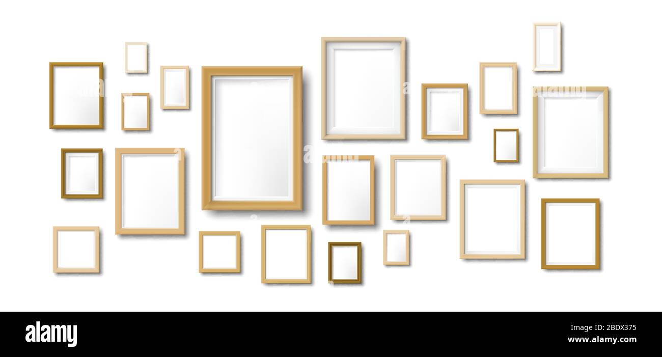 Wooden photo frames composition mockup. Light wood picture frame, hanging moodboard photos grid and art wall vector illustration template Stock Vector