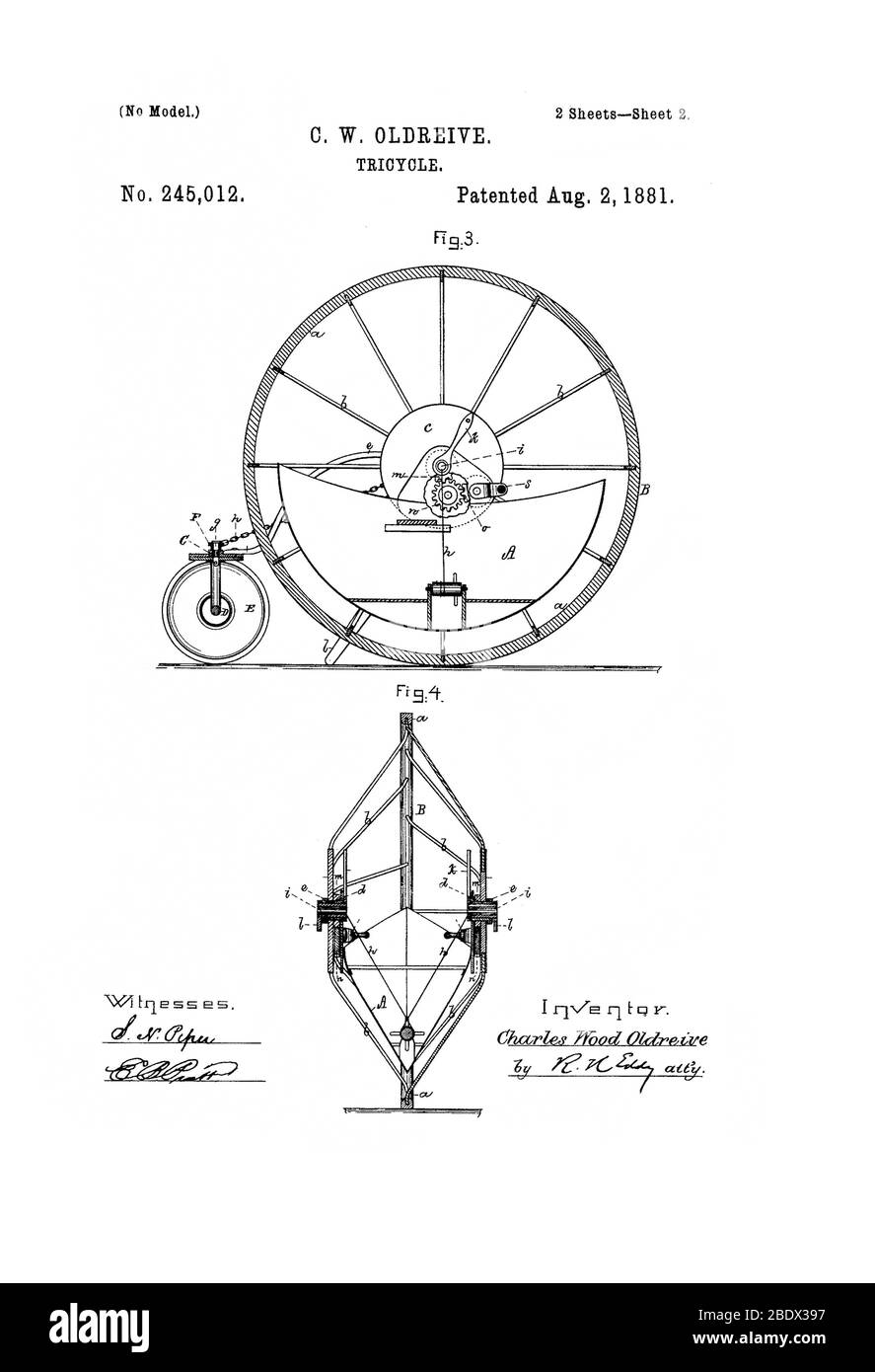 Oldreive Patent for Tricycle, 1881 Stock Photo