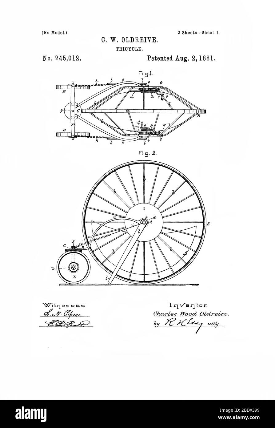 Oldreive Patent for Tricycle, 1881 Stock Photo
