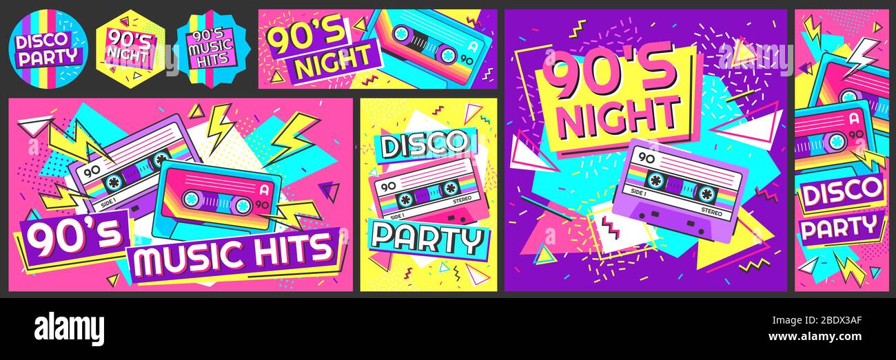 Funky 90s disco party poster. Nineties music hits banner, 90s dancing night invite and retro stereo tape vector illustration set Stock Vector