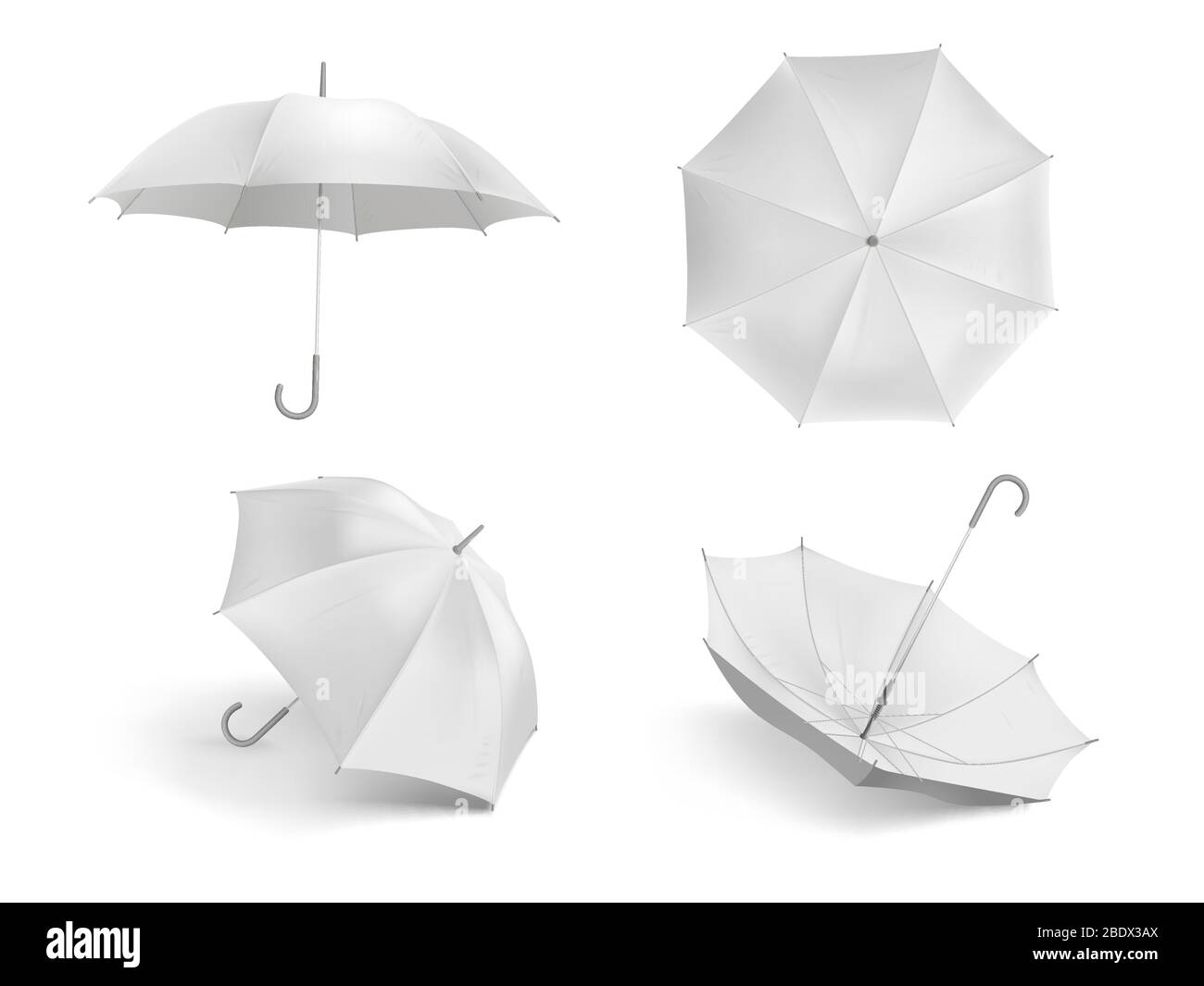 Realistic white umbrella mockup. Blank open fabric parasol, outdoor weather waterproof umbrellas vector template set Stock Vector