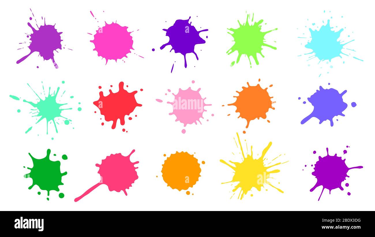Color paint splatter. Colorful ink stains, abstract paints splashes and wet splats. Watercolor or slime stain vector set Stock Vector