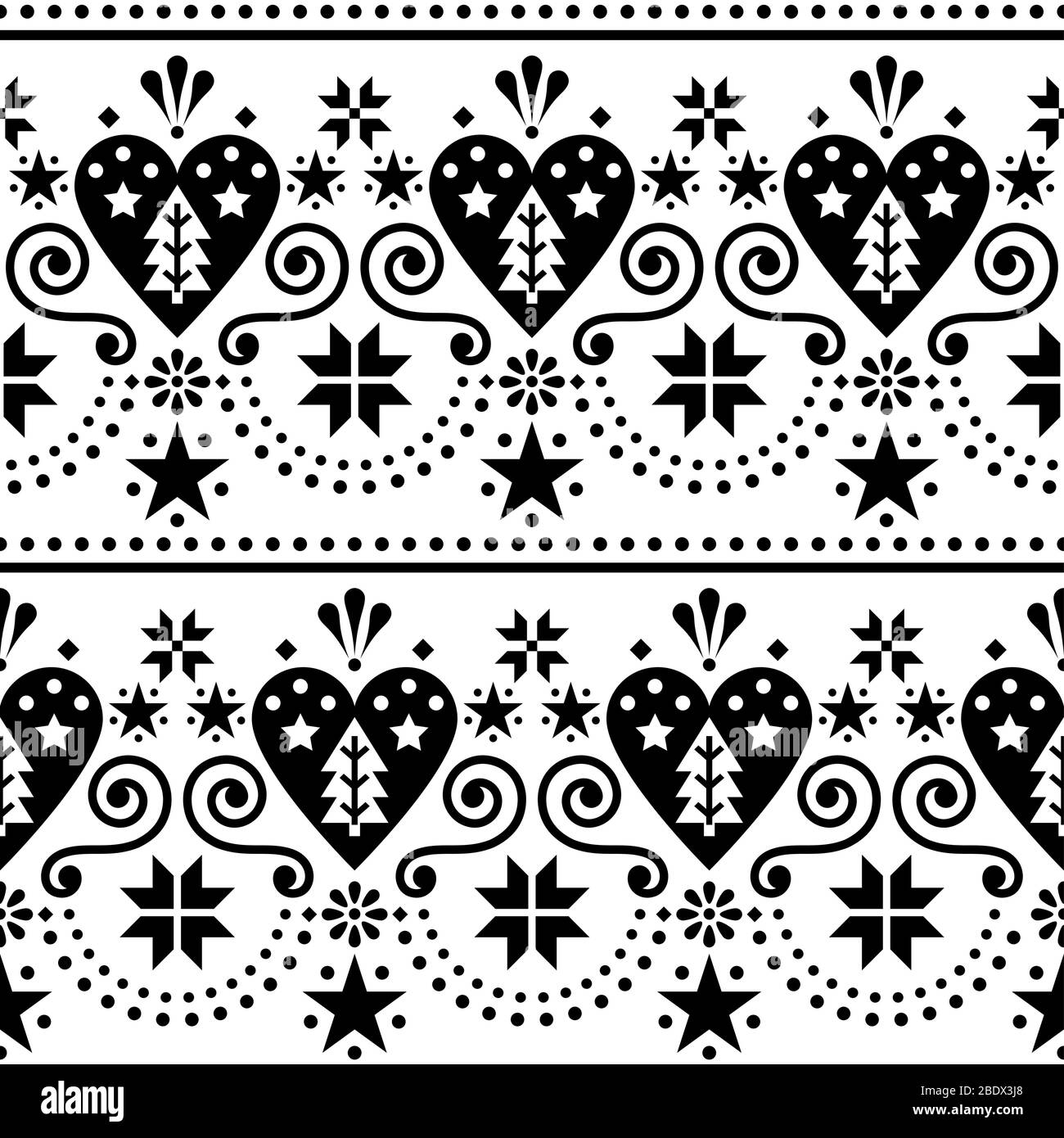 Scandinavian Christmas folk art seamless vector pattern - long, horizontal repetitive design with Christmas trees, snowflakes and hearts Stock Vector