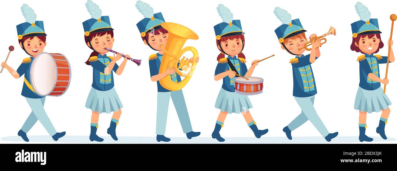 Cartoon kids marching band parade. Child musicians on march, childrens loud playing music instruments cartoon vector illustration Stock Vector