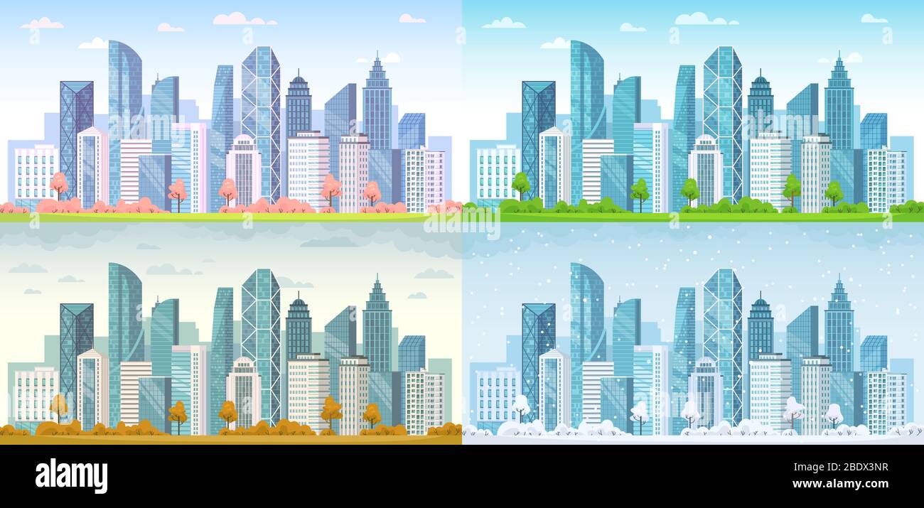 Urban city seasons. Spring town, summer, autumn urban panorama and cold ...