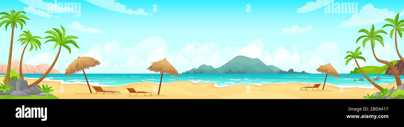 Daytime beach landscape. Sandy beaches with tropical palms. Sunny day, on beautiful sunset, sunrise and at night cartoon vector illustration Stock Vector
