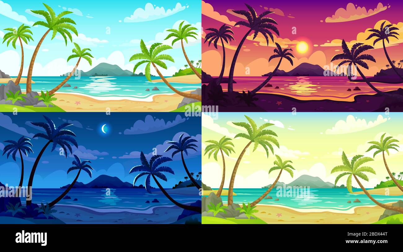 Daytime beach landscape. Sunny day seascape, night ocean and sunset beach cartoon vector illustration set Stock Vector