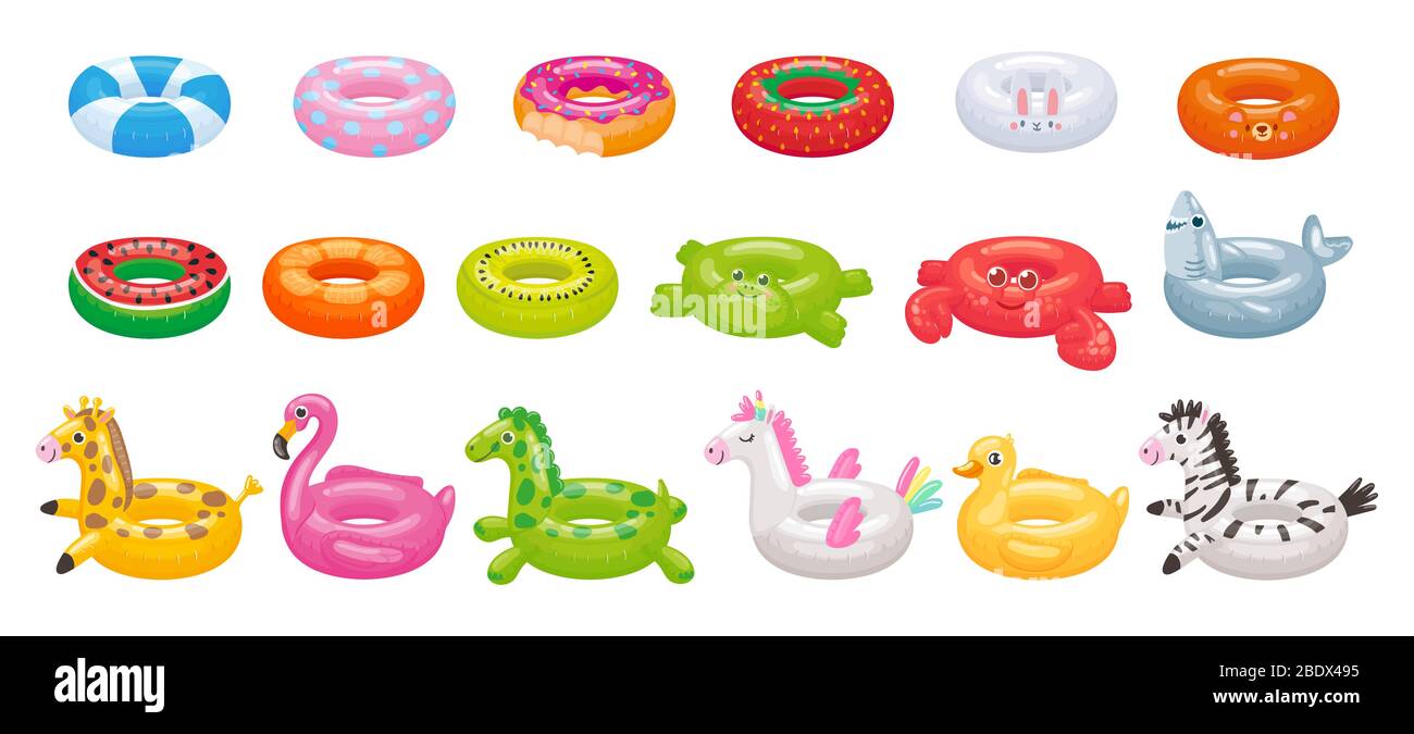 Cartoon swimming ring. Funny flamingo, shark, unicorn and duck floating