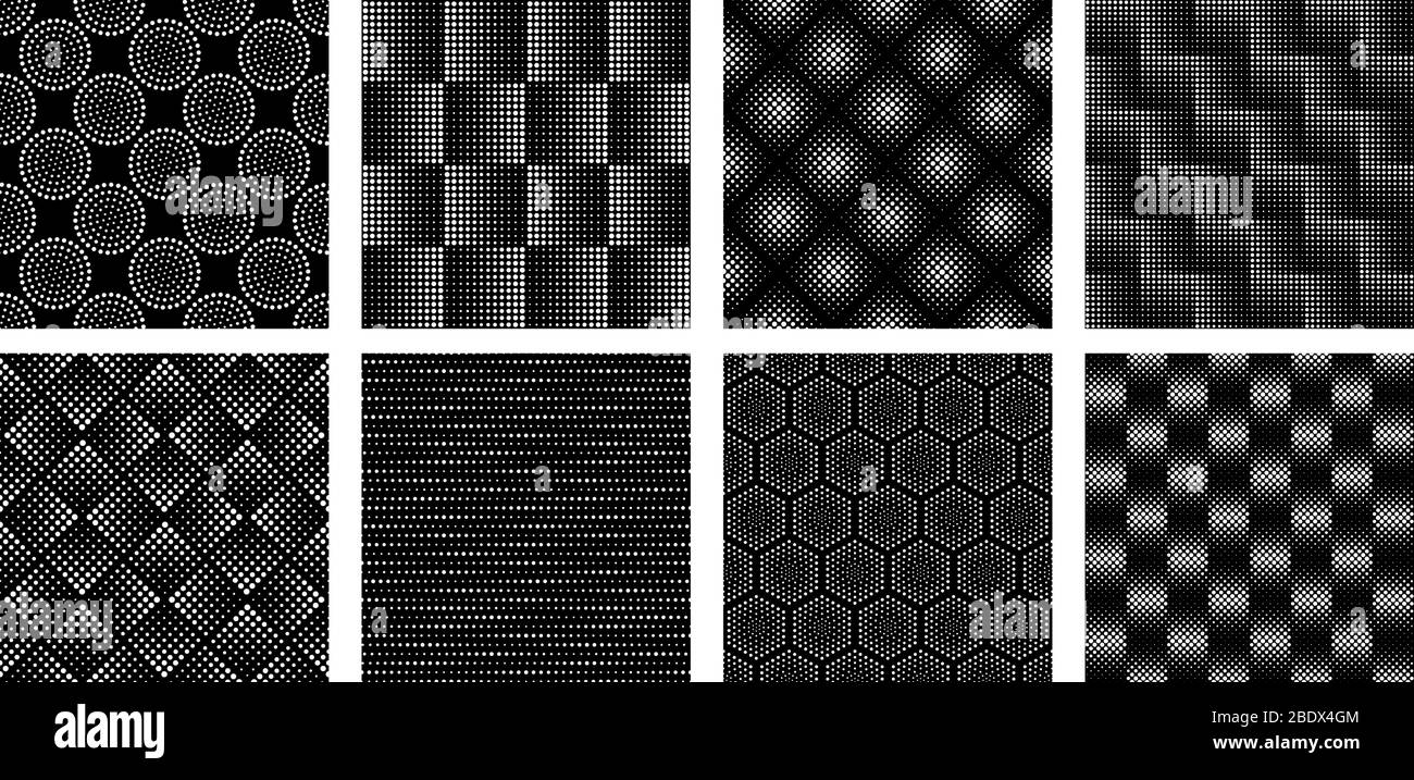 Seamless halftone geometric pattern. Dotted texture, abstract circle shapes and elegant circles patterns vector set Stock Vector