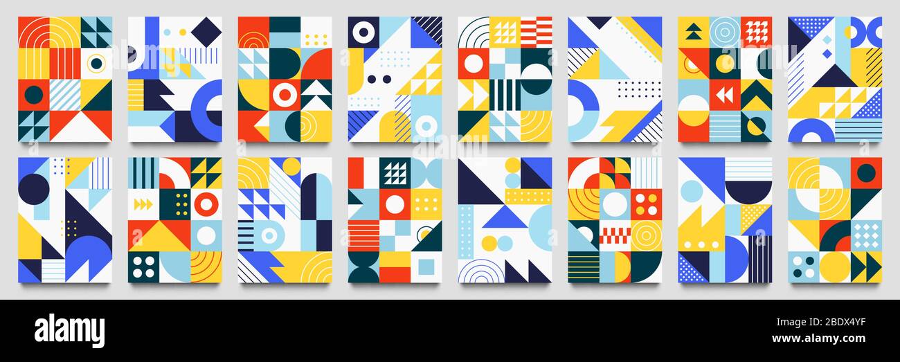 Abstract geometric backgrounds. Neo geo pattern, minimalist retro poster graphics vector illustration set Stock Vector