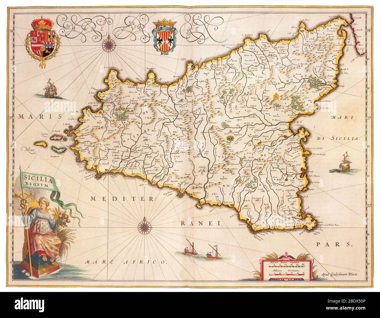 Joan Blaeu, Sicily Map, Italy, 17th Century Stock Photo